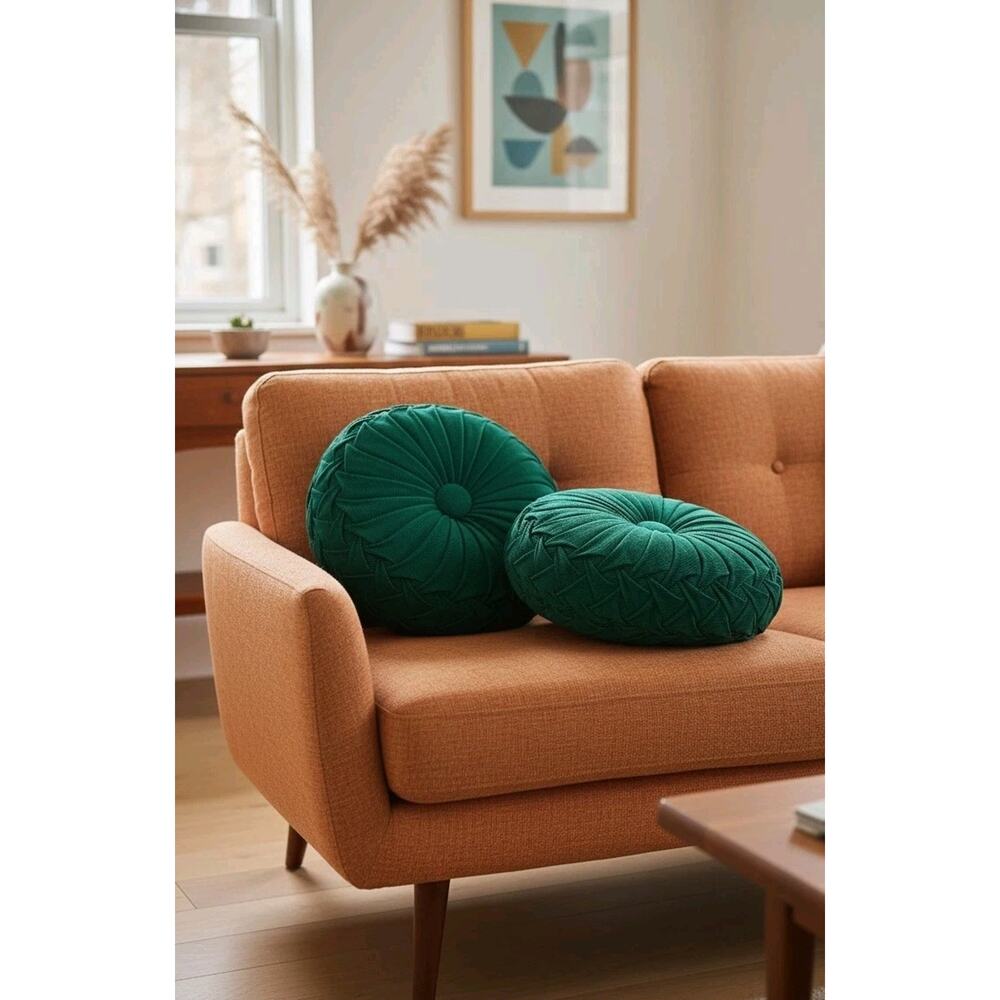 Vtg Green Modern Round MCM Pleated‎ Home Decor Cushion Sofa Throw Pillows